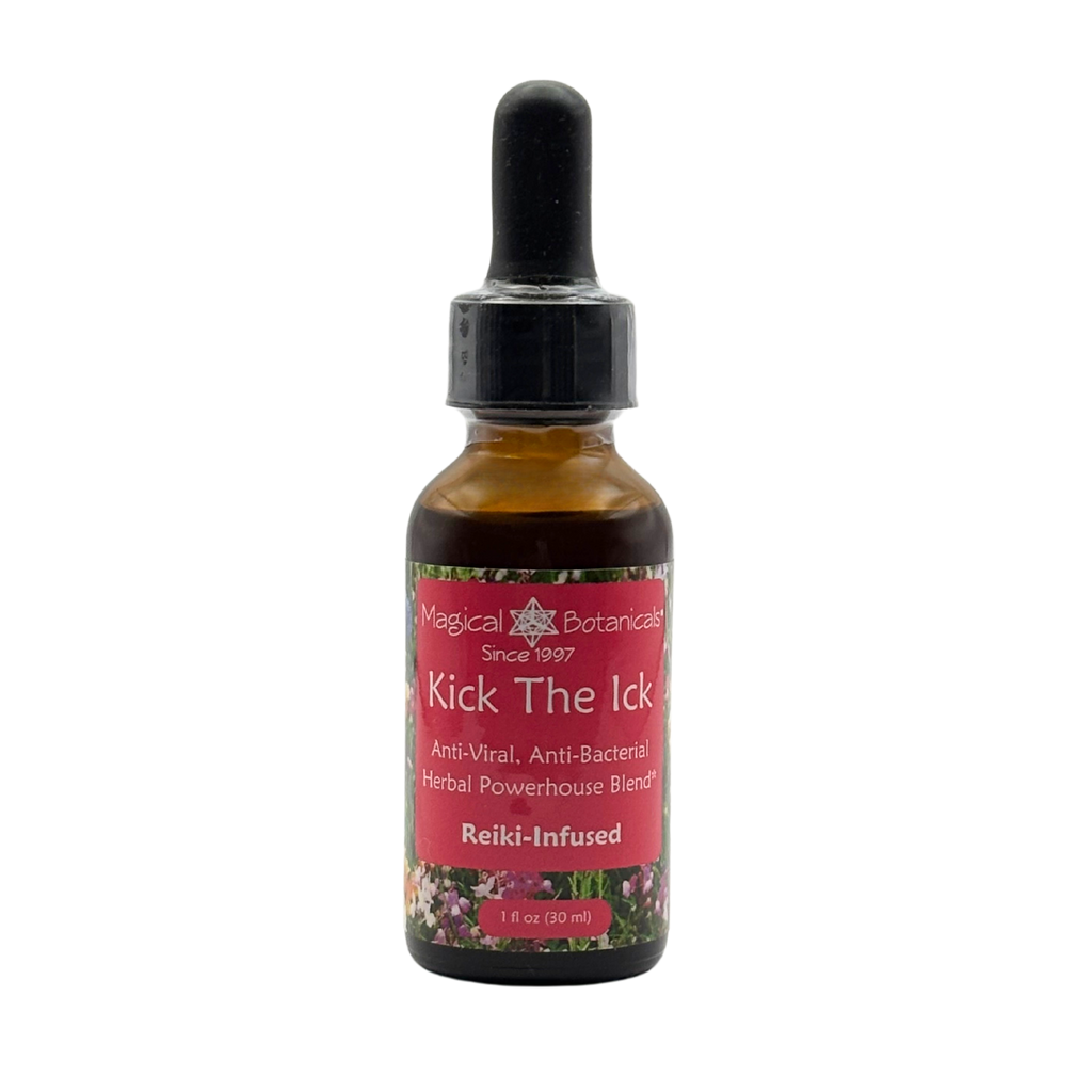 Bottle of 'Kick The Ick' herbal supplement with a dropper on a white background