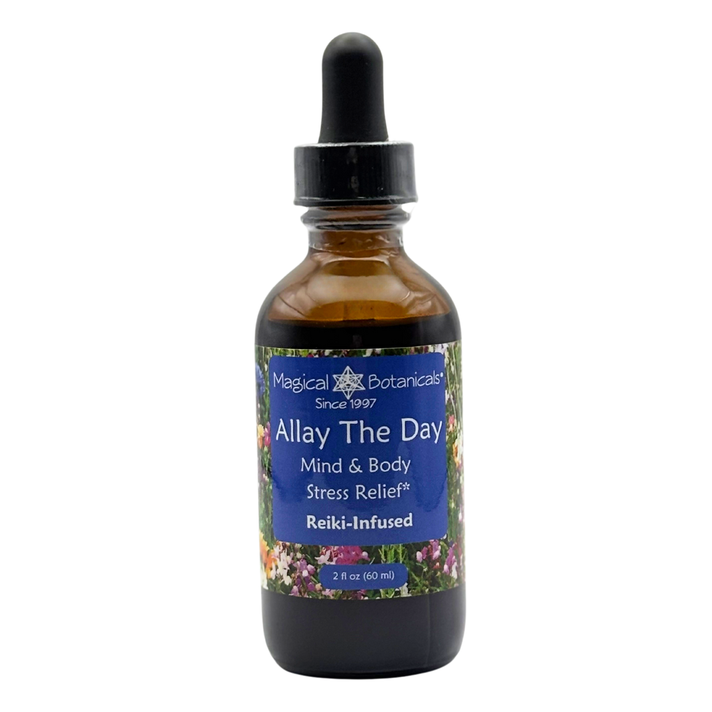 Bottle of Magical Botanicals Allay The Day with a dropper on a white background