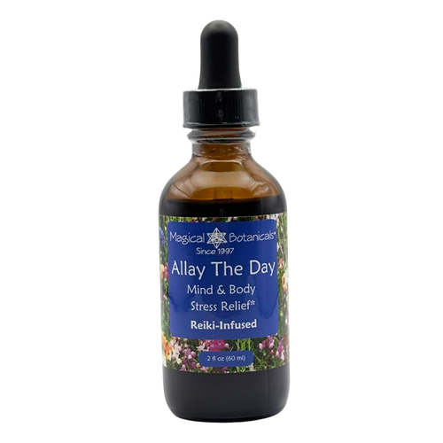 Bottle of Magical Botanicals Allay The Day with a dropper on a white background