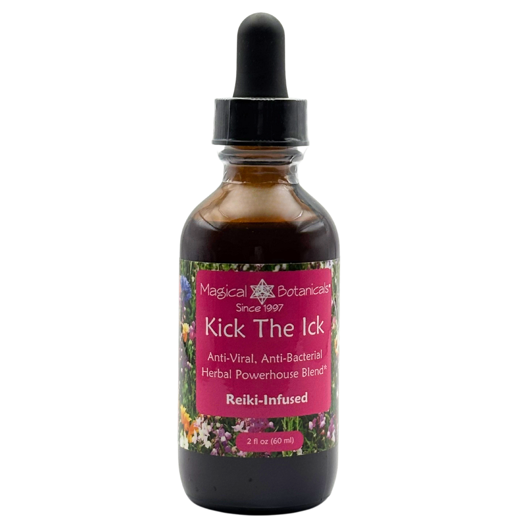 Bottle of 'Kick The Ick' with a dropper labeled 'Magical Botanicals' on a white background