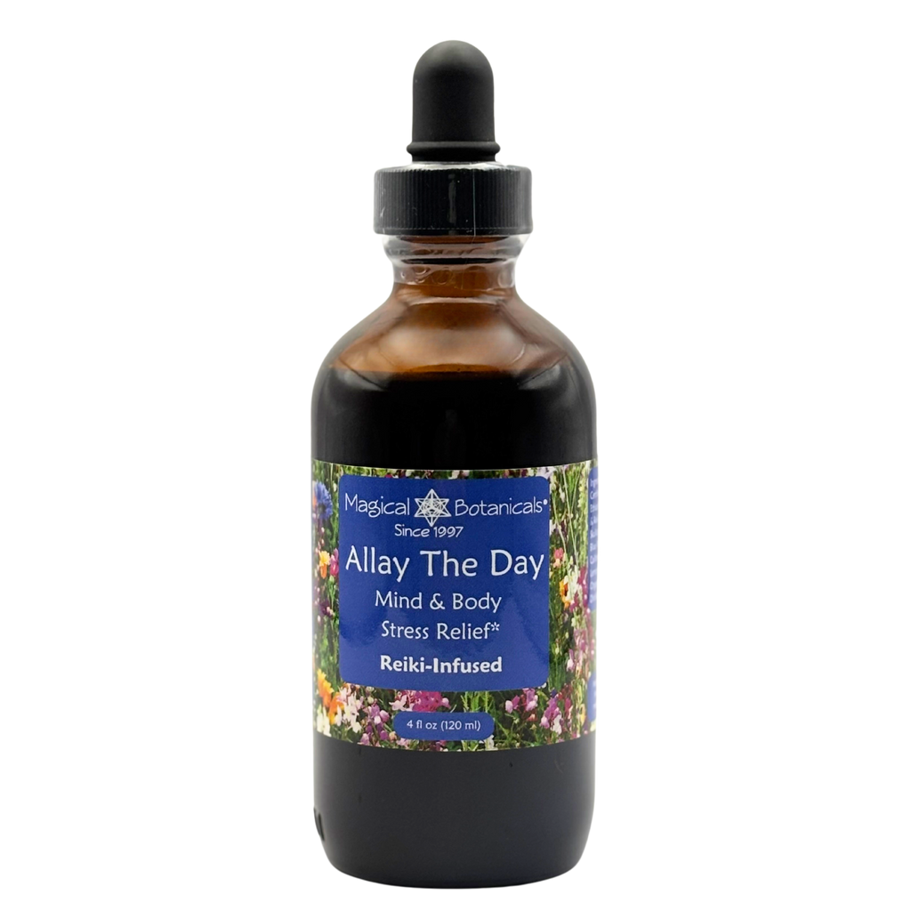Bottle of Magical Botanicals Allay The Day supplement with a dropper on a white background