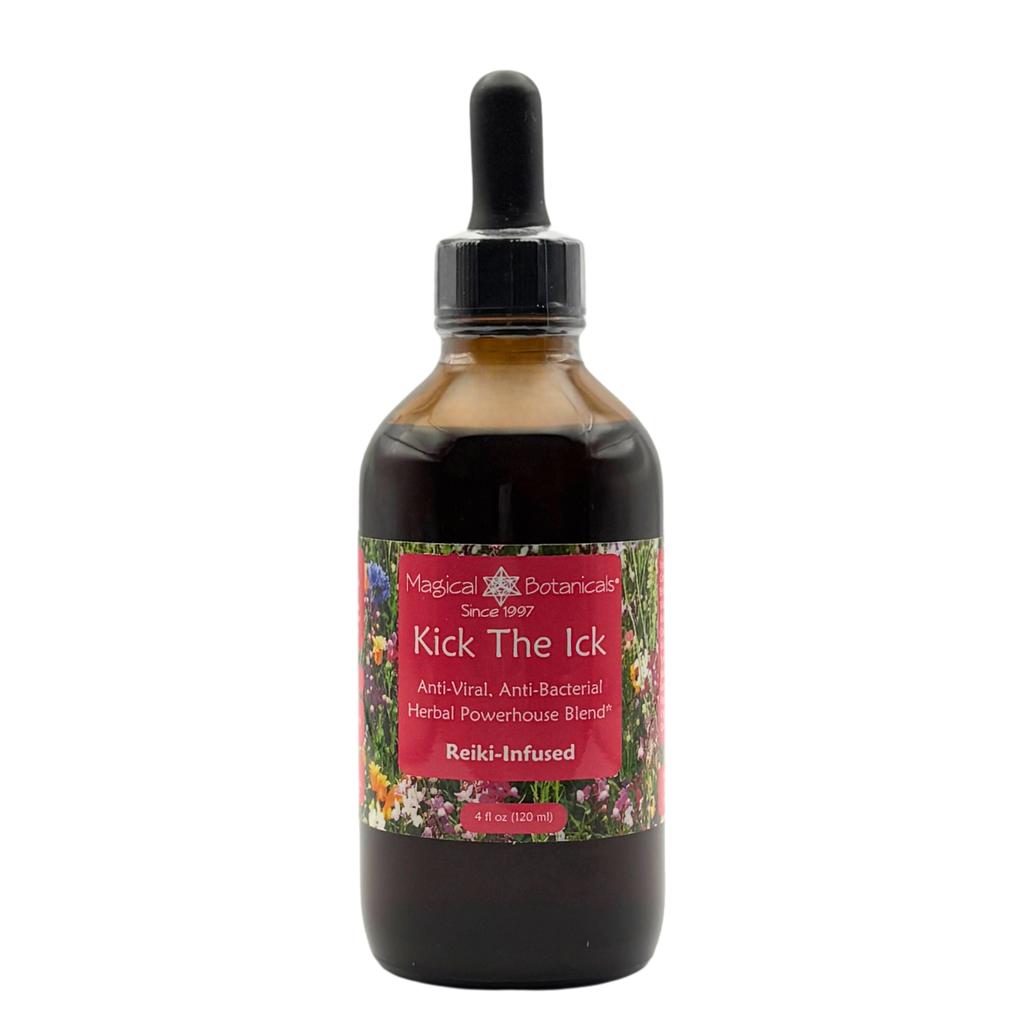 Bottle of 'Kick The Ick' herbal supplement with a dropper on a white background