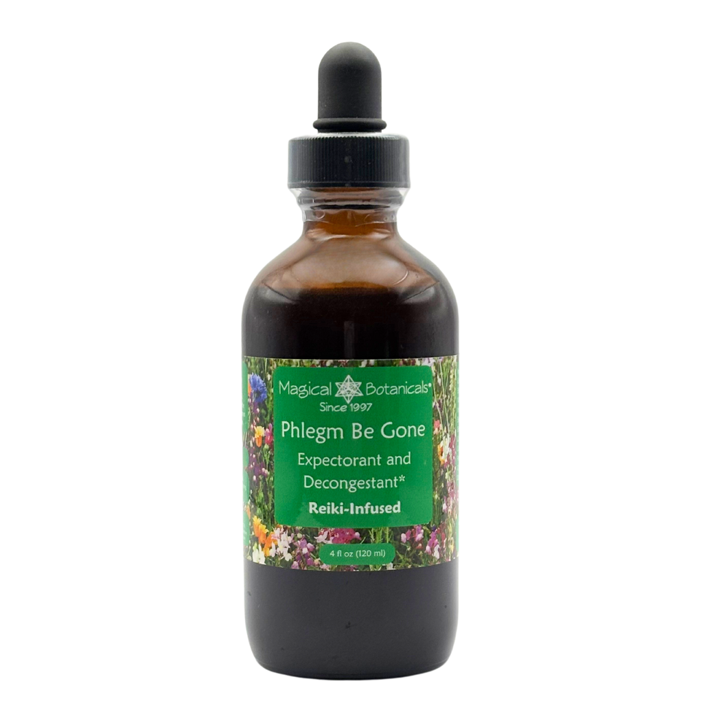 Bottle of 'Phlegm Be Gone' expectorant and decongestant with a green label on a white background