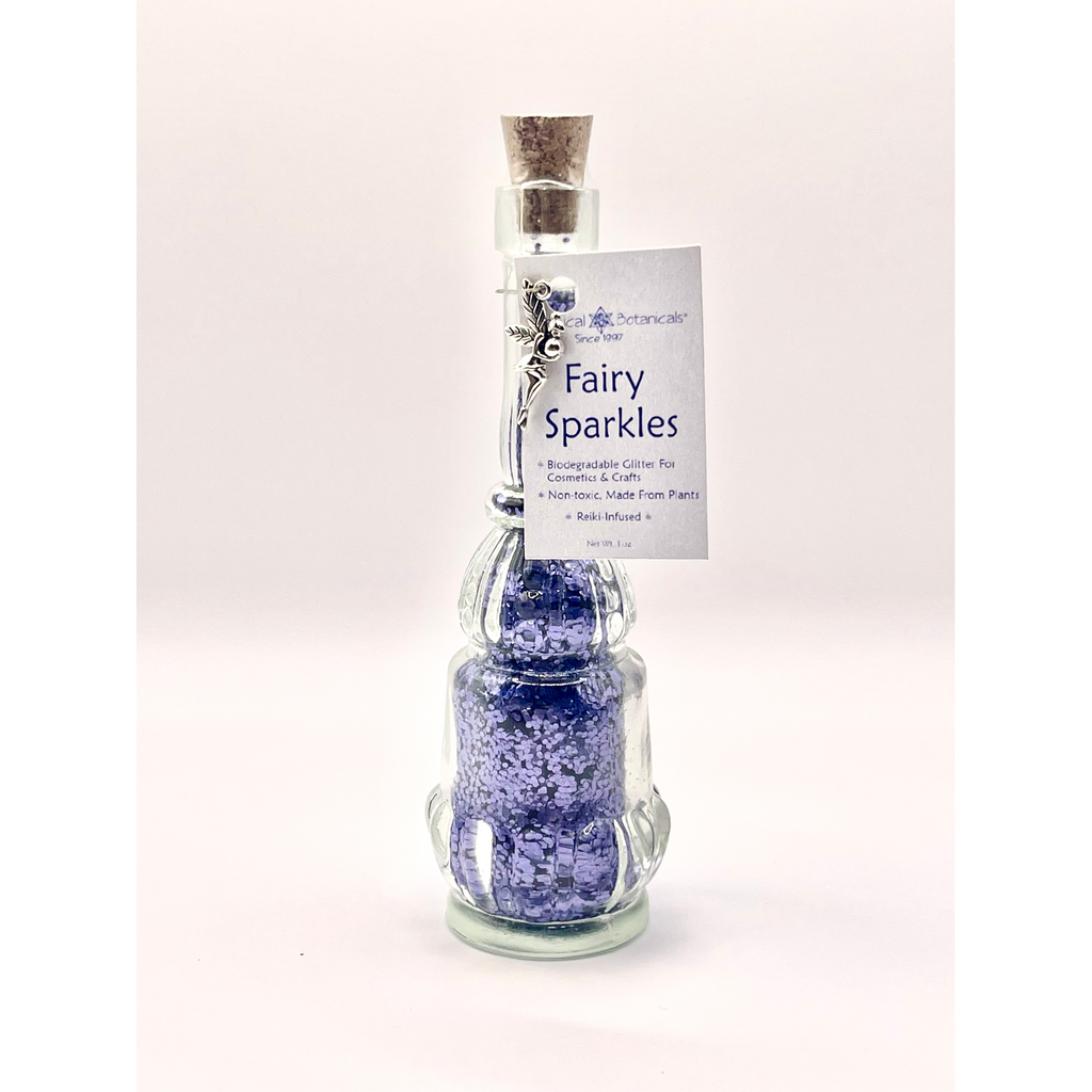 Bottle of 'Fairy Sparkles' with purple glitter on a white background