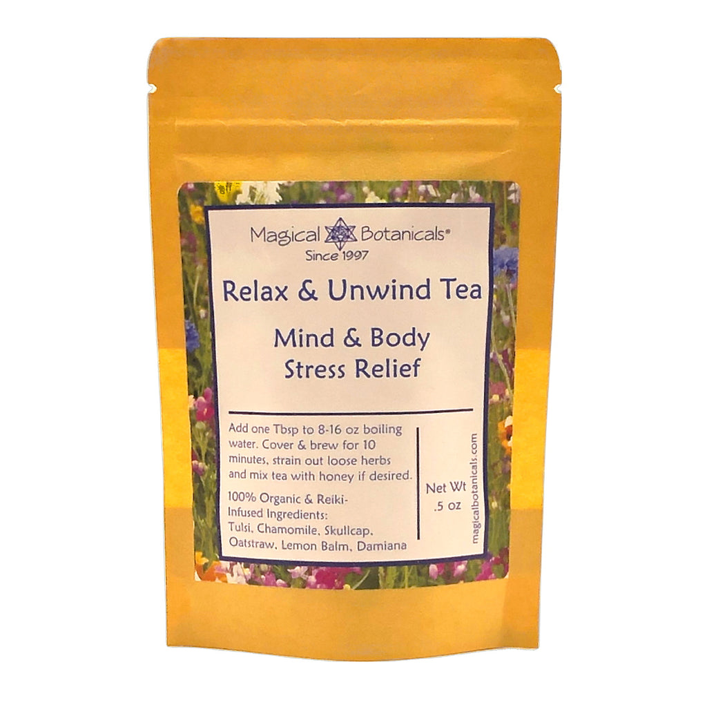Tea package labeled 'Relax & Unwind Tea' by Magical Botanicals on a white background.