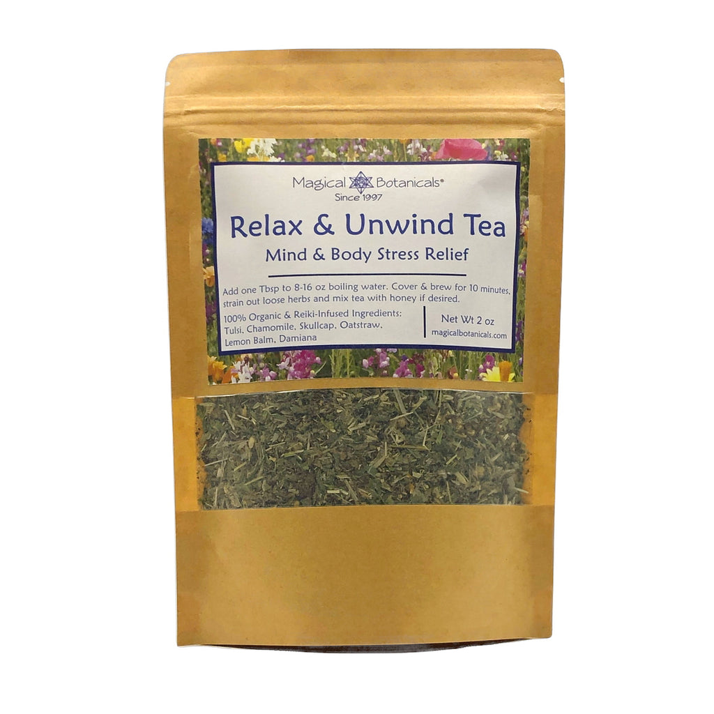 Tea package labeled 'Relax & Unwind Tea' with a gold exterior and transparent window showing tea leaves.